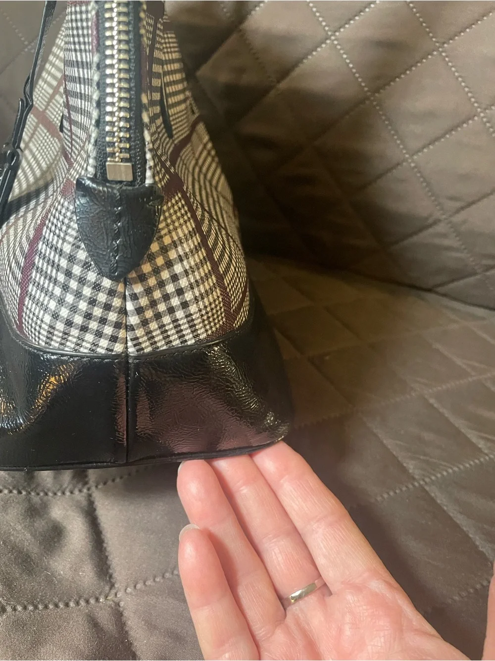 Coach Black Patent Leather Cora Glen Plaid Dome Satchel with Burgundy Accents